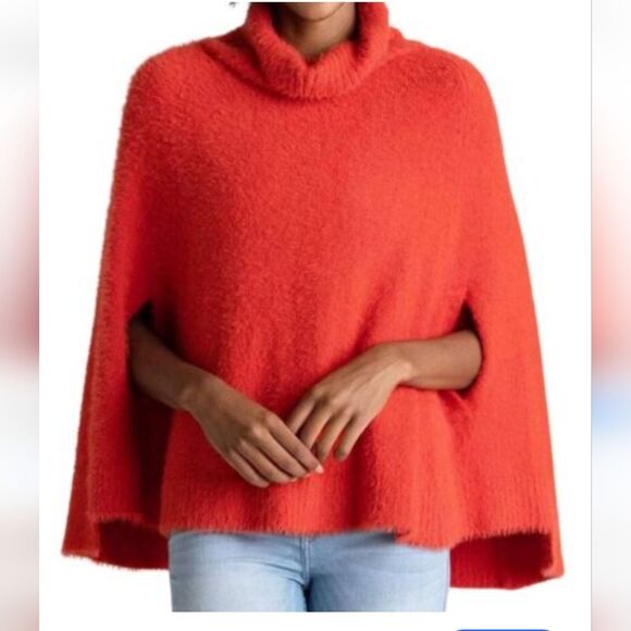 MerSea Poncho W Pocket Arm Opening Fuzzy Soft Cozy Hair Orange One Size Lounge - Picture 2 of 10